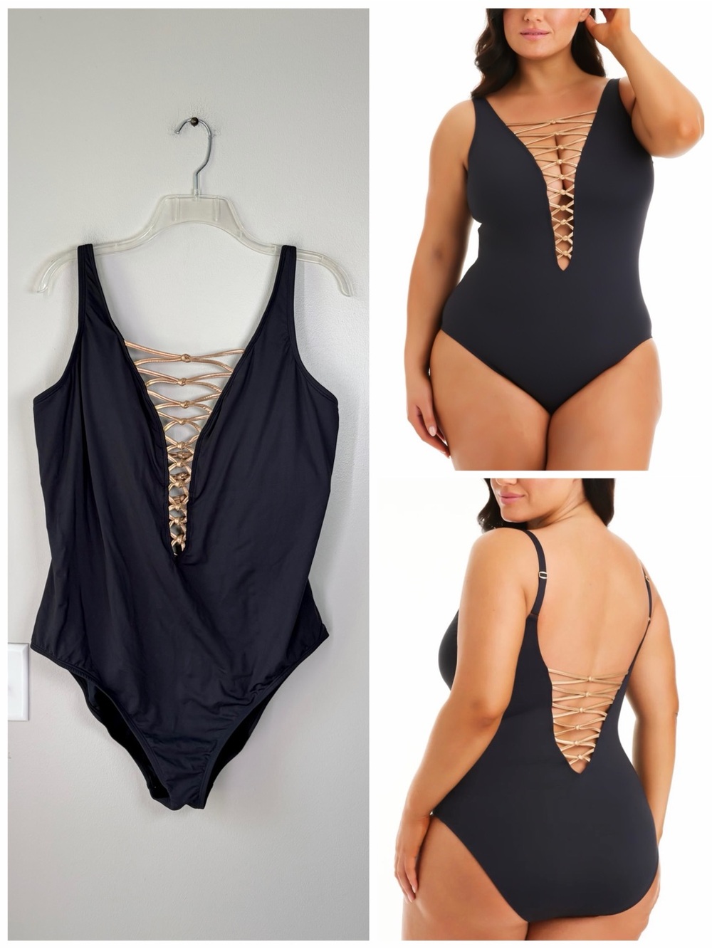 Bleu Rod Beattie Black Lace Down Plunge One Piece Swimsuit Size 20W Resort Beach
